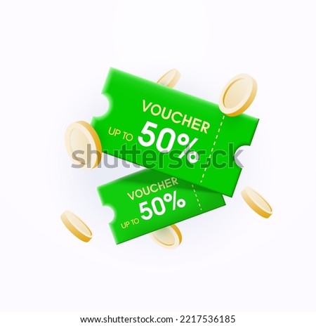 Voucher card cash back template design with coupon code promotion. Premium special price offers sale coupon. Vector gift voucher, gold coin. 3d coupon, 3d voucher. Green vouchers and gree coupons Royalty-Free Stock Photo #2217536185