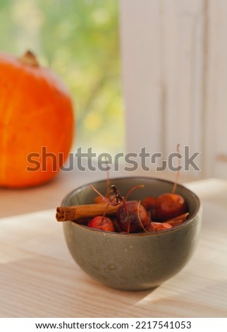 dried cherries and cinnamon for mulled wine in a plate on the table