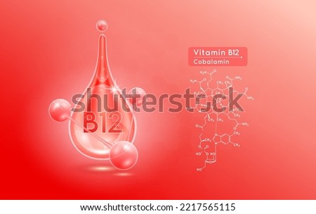 Serum skincare transparent water drops vitamin B12 red and structure. Moisturizer collagen with molecule glittering and bubbles hyaluronic acid. For ad for beauty cosmetics. Realistic 3d vector.