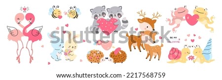 Cute animal couples in love. Valentines day loving animals with hearts. Deer and bee, romantic bunny and flamingo. Cartoon nowaday vector characters Royalty-Free Stock Photo #2217568759
