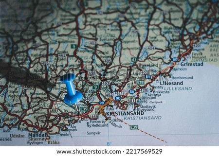 Søgne, Norway, blue pinhead on map.