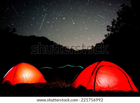 Milky way sky stars over mountain high tent camp