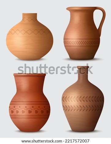 Clay kitchenware. Realistic handmade utensils pots kettles and cups decent vector templates of clay authentic products Royalty-Free Stock Photo #2217572007