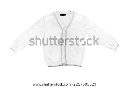 Children's wear - white cardigan with buttons for baby, isolated on white. Royalty-Free Stock Photo #2217585323