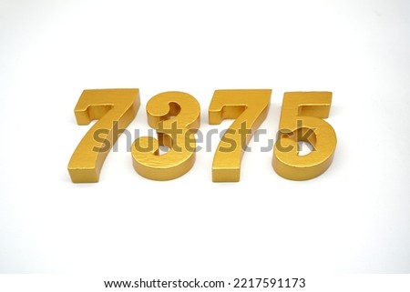   Number 7375 is made of gold-painted teak, 1 centimeter thick, placed on a white background to visualize it in 3D.                                