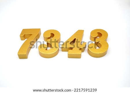   Number 7343 is made of gold-painted teak, 1 centimeter thick, placed on a white background to visualize it in 3D.                                    