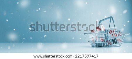 Advertisement, winter sale announcement. Shopping basket and boxes with sign discount percent. Advertising, announcement of winter or christmas, New Year's sale. wide web banner