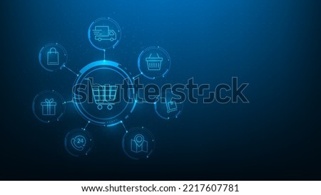 online shopping digital technology with icon on blue background. e-commerce online store marketing. vector illustration digital fantastic design. internet supermarket connect. low poly wireframe. Royalty-Free Stock Photo #2217607781