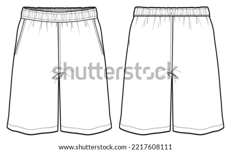 Men's Sweat shorts front and back view flat sketch fashion illustration, Knitted Jogger short vector template Royalty-Free Stock Photo #2217608111