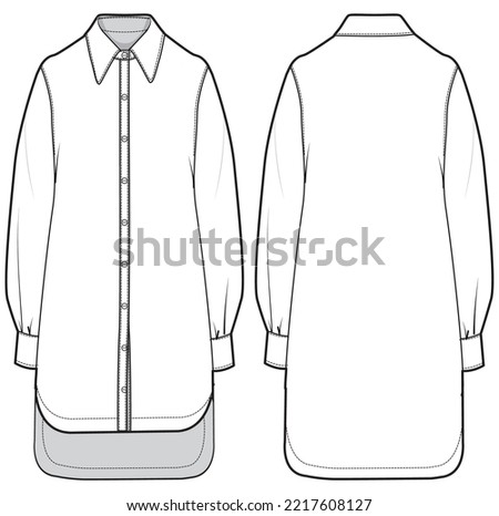 Women shirt dress design with collar flat sketch fashion illustration with front and back view, Long Sleeve Kurtha shirt dress technical drawing vector template Royalty-Free Stock Photo #2217608127