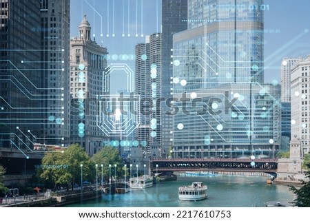 Panorama cityscape of Chicago downtown and Riverwalk, boardwalk with bridges at day time, Chicago, Illinois, USA. The concept of cyber security to protect companies confidential information