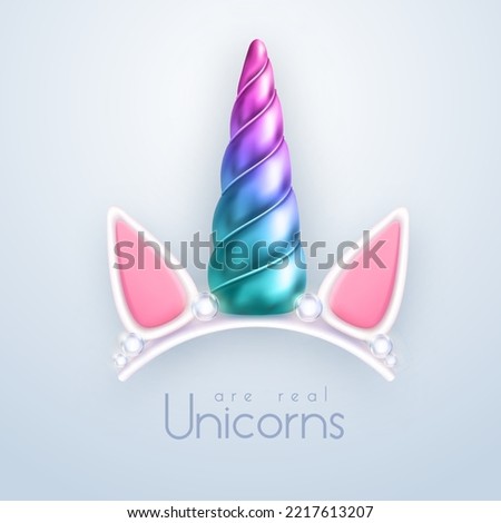 3D realistic gradient unicorn horn isolated on white background. Children head decoration. Vector illustration Royalty-Free Stock Photo #2217613207