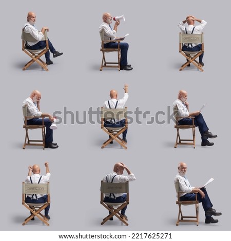 Creative film director sitting on the director's chair, collection of poses and expressions Royalty-Free Stock Photo #2217625271