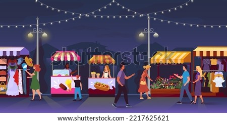 Night market. Festival food stall. Outdoor shops. Local fair street. Marketplace flyer. Summer city evening panorama. People walking and shopping in kiosks. Vector cartoon illustration Royalty-Free Stock Photo #2217625621