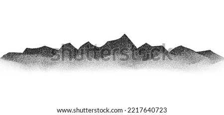 Grain stippled mountains. Dotted landscape and terrain. Black and white grainy hills in dotwork style. Noise stochastic background. Pointillism textured wallpaper. Grunge vector Royalty-Free Stock Photo #2217640723
