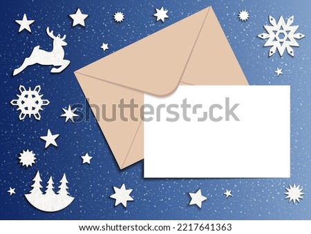 Cristmas card with blue beackground and snow. Blank paper envelopes and white decoration, stars, snowflakes. Vector envelopes template.