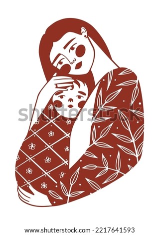 
Mother and child. Hugs of mom and baby. Hand drawn vector illustration of happy motherhood. Isolated cute clip art with simple silhouette of women and her pretty kid. Creative print for banner, card.