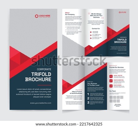 Corporate trifold brochure template. Modern, Creative, and Professional tri-fold brochure vector design. Simple and minimalist layout with blue and red colors. Corporate Business Trifold Brochure. Royalty-Free Stock Photo #2217642325