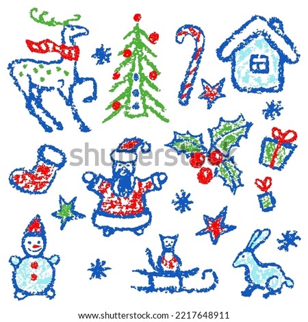Like child hand drawing christmas set. Snowman, tree, deer, gift box, snow, santa, hut cartoon clip art. Crayon, pastel chalk, pencil kid painting flat funny doodle simple stroke. Vector collection