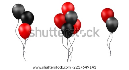 3d vector collection of red and black bunch of Black friday and birthday air balloons decorative element design. Cartoon render ballon for Holiday greetings, discount sale, grand opening festive