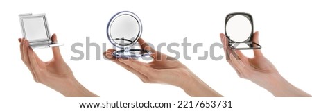 Collage with photos of women holding stylish cosmetic pocket mirrors on white background, closeup. Banner design