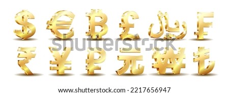 Golden currency sign set. Vector symbol euro and dollar, bitcoin, rial, frank, pound, yen, yuan, rupee, lira, won and rouble isolated on white background