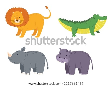 Set of African Safari Animals Lion, Crocodile, Rhinoceros, Hippo Isolated on White Background. Tropical Wildlife Creatures in Cute Childish Style. Design Elements for Kids. Cartoon Vector Illustration