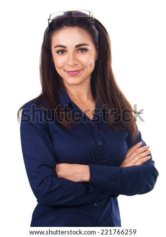 Young beautiful business woman with crossed arms, isolated over white