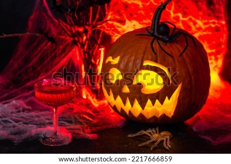 Halloween pumpkin lantern with a glass of drink with spiders and webs on a dark background.