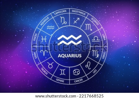 Aquarius zodiac sign. Aquarius icon on blue space background. Zodiac circle on a dark blue background of the space. Astrology. Cosmogram. twelve signs of the zodiac