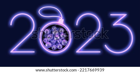 Neon sign 2023 with a picture of a Christmas tree toy in a trendy purple color