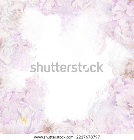 Watercolor pastel background arrangement with hand drawn delicate pink peony flowers, buds and leaves. Isolated on white. For invitations, wedding, love or greeting cards, paper, print, textile.