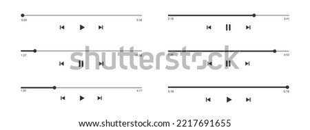 Audio or video player progress loading bars with time slider, play and pause, rewind and fast forward buttons. Set of mediaplayer playback interface templates. Vector graphic illustration Royalty-Free Stock Photo #2217691655