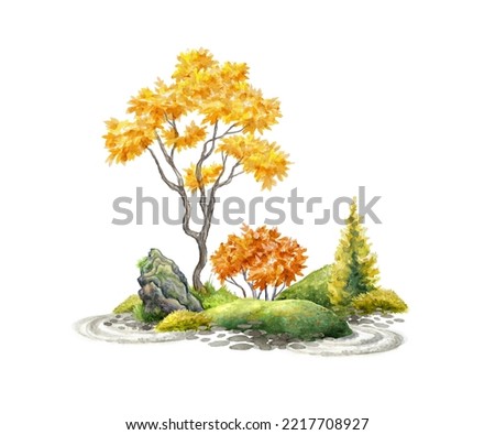 watercolor illustration. Autumn trees, grass and stones covered with moss. Landscape design, natural greenery clip art, isolated on white background