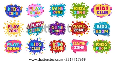 Cartoon kids play room badges, play zone labels. Entertainment children playroom, game zone party stickers flat vector symbols set. Colorful child playing zone badges collection