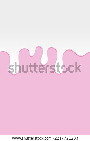 Bright food card. Sweet realistic milk. Pink background with milk drips. Dripping milk. White milk. Food delicious card. Vector illustration
