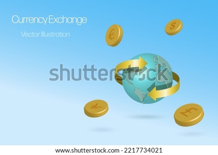Money transfer and online currency exchange. World with currency symbol and arrow network connecting, global investment and financial innovation technology. 3D realistic vector. Royalty-Free Stock Photo #2217734021