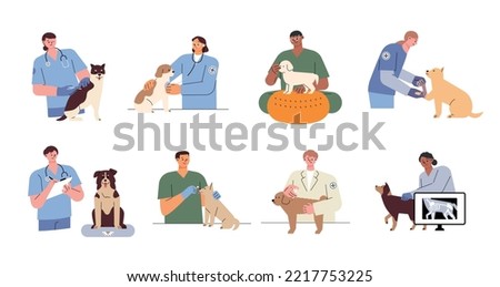Dogs are being treated by a veterinarian in a veterinary hospital. flat vector illustration.