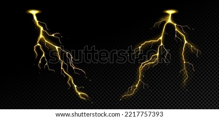 Lightning effect, thunderstorm, gold or yellow electric thunderbolt storm strikes. Isolated powerful electrical discharge, bolt, impact, crack, magical energy flash, Realistic 3d vector illustration Royalty-Free Stock Photo #2217757393