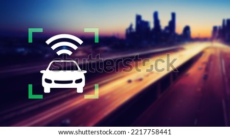 Futuristic city and road with connected car icon. Wireless communication of automobile. Autonomous car. Mobility as a service.