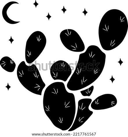 Desert vibes hand drawn T-shirt print. Silhouette black and white art of southwest american and mexican cactus with moon and stars. Vector isolated clipart of opuntia illustration on white background. Royalty-Free Stock Photo #2217761567