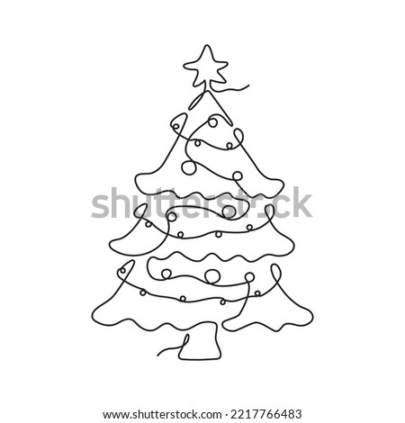 Continuous one line drawing of Christmas tree with star, garland and decorations. Hand drawn Christmas tree isolated on white background. Linear style. Vector illustration