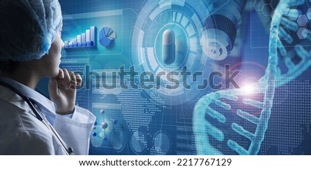 Doctor analysing medication on holographic interface. Conceptual composite image about  innovative technologies in pharmaceutical science research. 3d illustration elements. Royalty-Free Stock Photo #2217767129