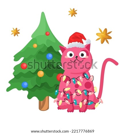 Vector cute Christmas cat. Cartoon happy domestic animal character wearing santa hat and xmas light garland standing near decorated fir tree. Greeting card for winter holiday