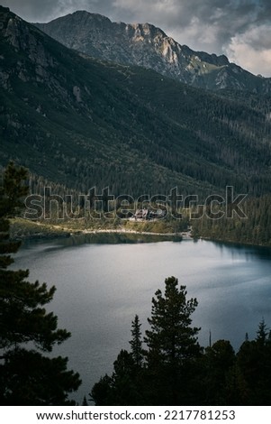 Beautiful lake in the mountains. Morskie Oko pond in the Tatra Mountains, Poland, Europe. Concept of the destination traveling ideal resting place.