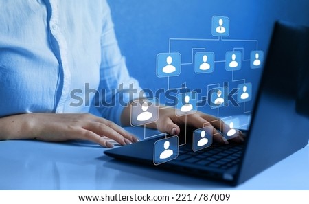 Business hierarchy structure. Relations of order or subordination between members.Business process and workflow automation with flowchart.  Virtual screen Mindmap or Organigram. Royalty-Free Stock Photo #2217787009