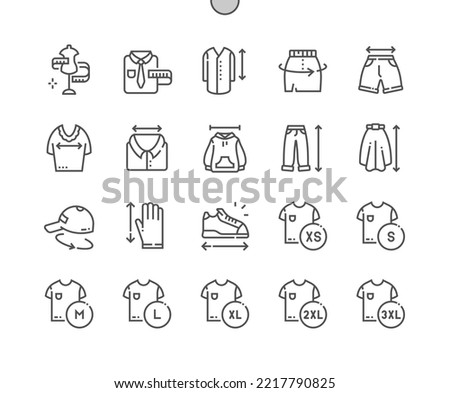 Clothes size. Tags. Waist width, sleeve length and other. Cap size. Body measurement. Pixel Perfect Vector Thin Line Icons. Simple Minimal Pictogram.