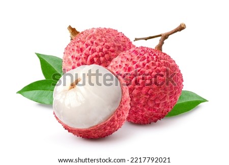 Juicy Lychee with cut in half isolated on white background. Clipping path. Royalty-Free Stock Photo #2217792021