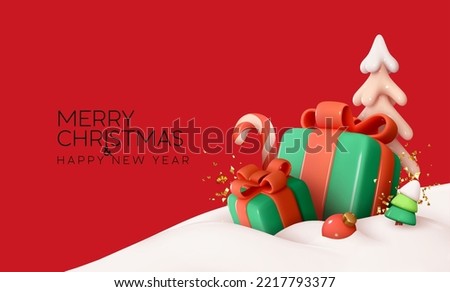 Merry Christmas and Happy New Year festive 3d composition with realistic Christmas trees, gifts box in snow drift, golden confetti. Xmas red background winter Holiday design. Vector illustration