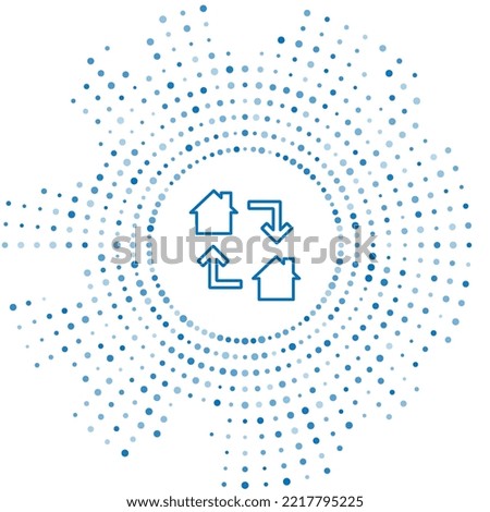 Blue line Online working icon isolated on white background. Freelancer man working on laptop at his house. Remote work. Distant job concept. Abstract circle random dots. Vector